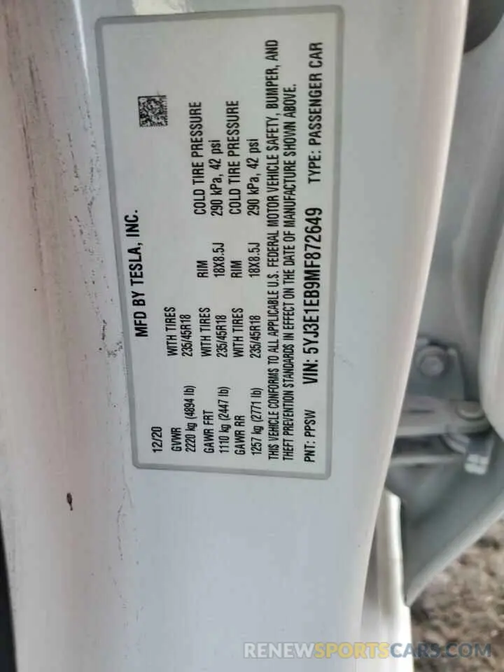12 fotografías del automóvil dañado 5YJ3E1EB9MF872649 TESLA MODEL 3 2021