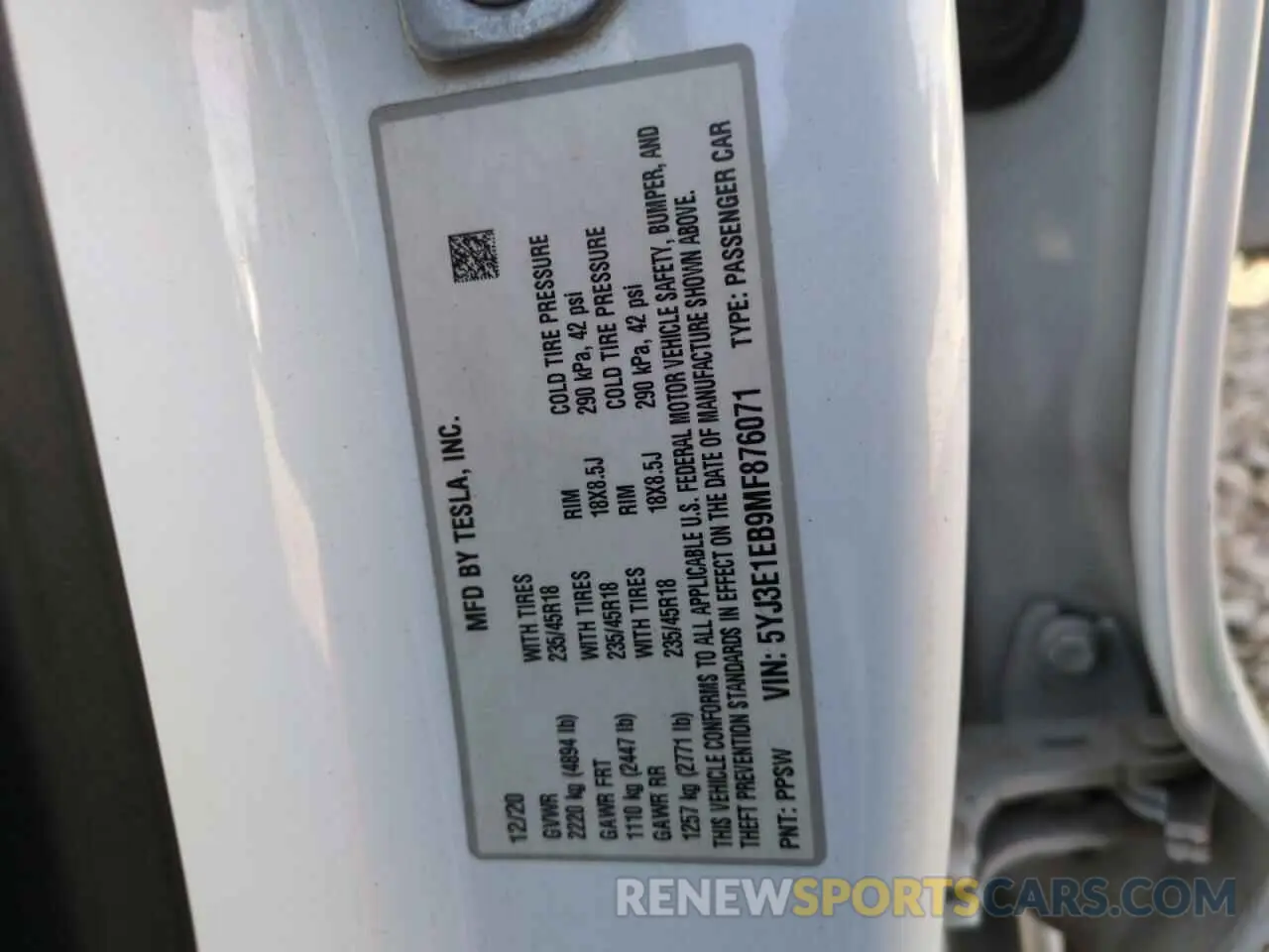 13 fotografías del automóvil dañado 5YJ3E1EB9MF876071 TESLA MODEL 3 2021