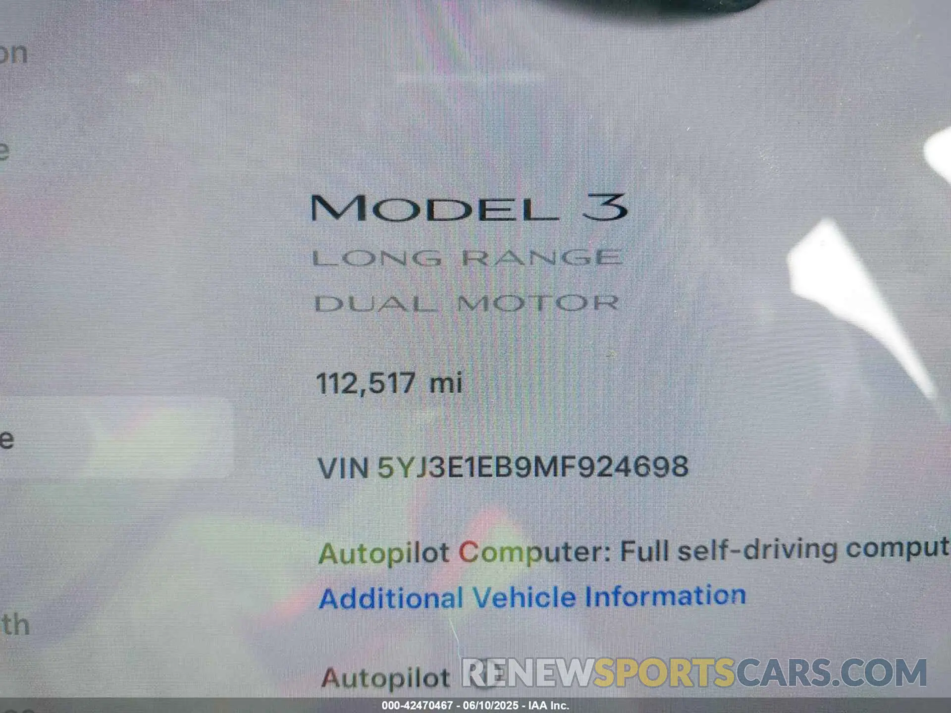15 fotografías del automóvil dañado 5YJ3E1EB9MF924698 TESLA MODEL 3 2021