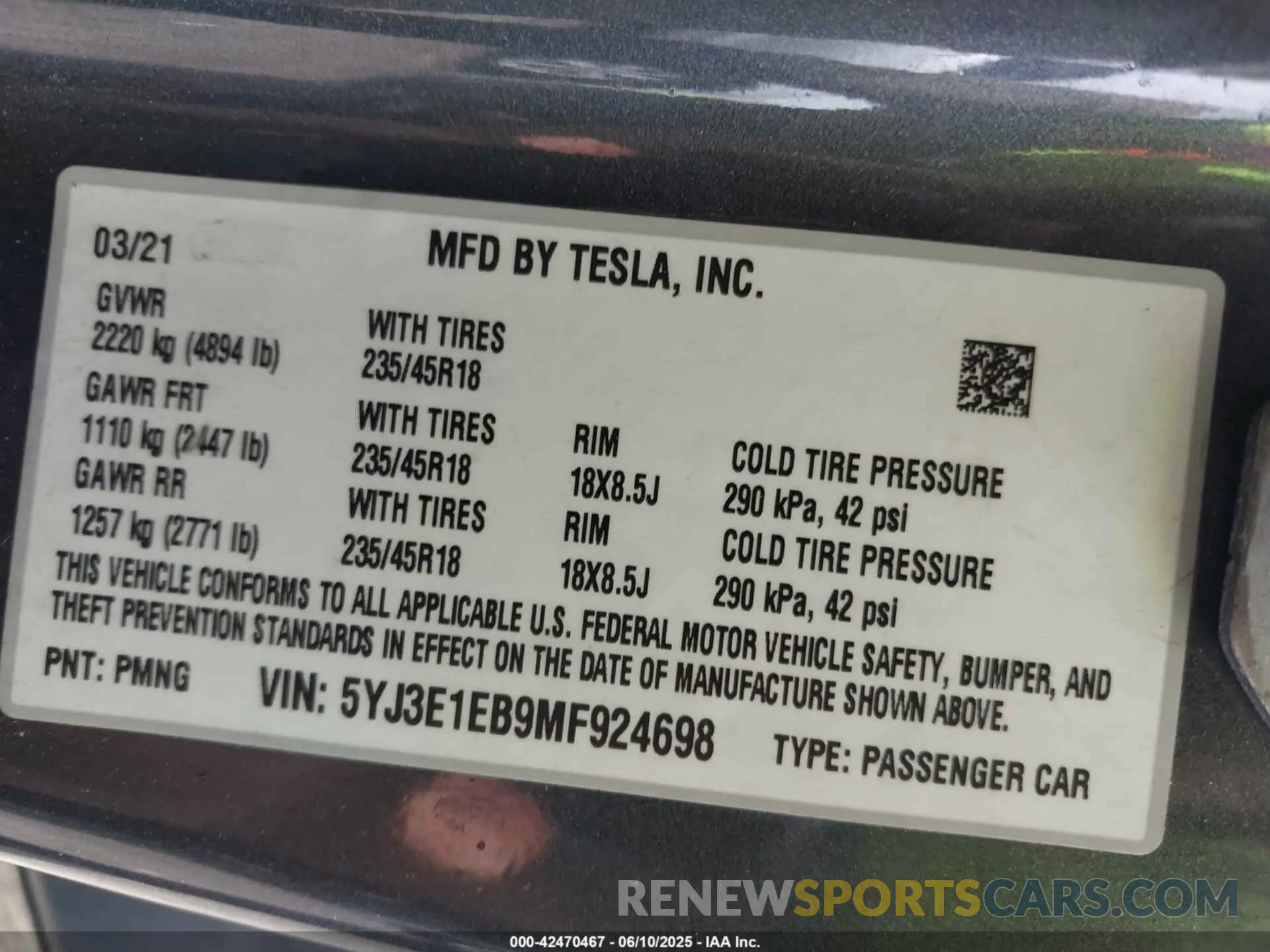 9 fotografías del automóvil dañado 5YJ3E1EB9MF924698 TESLA MODEL 3 2021