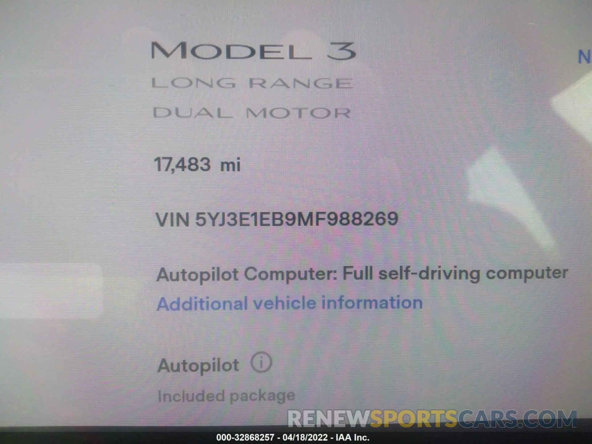 7 fotografías del automóvil dañado 5YJ3E1EB9MF988269 TESLA MODEL 3 2021