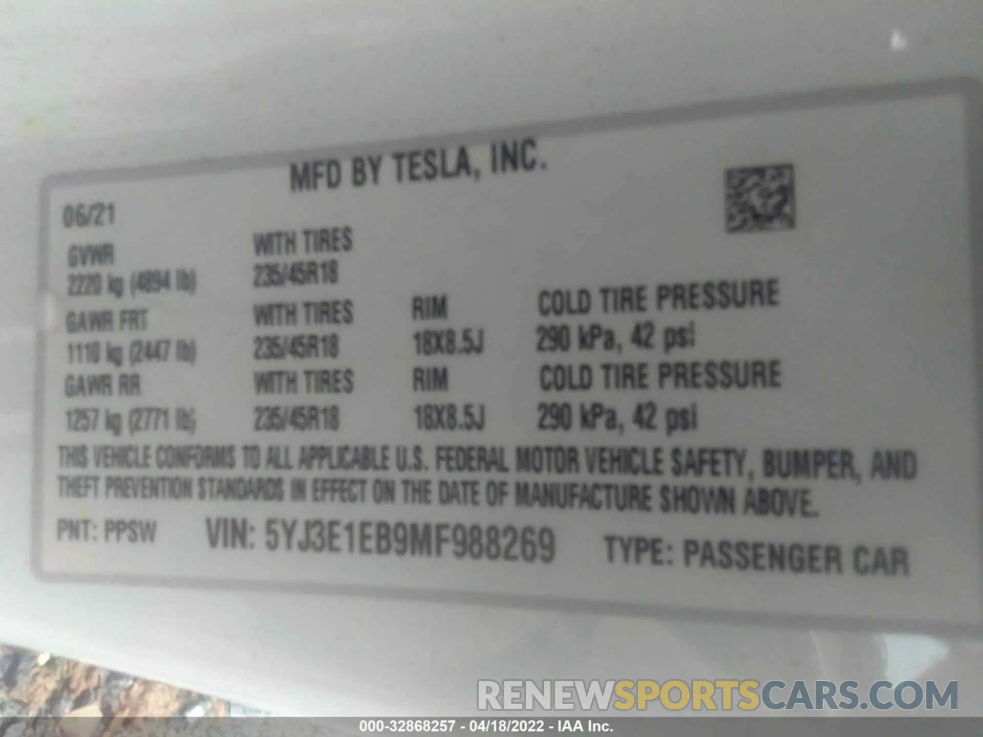 9 fotografías del automóvil dañado 5YJ3E1EB9MF988269 TESLA MODEL 3 2021