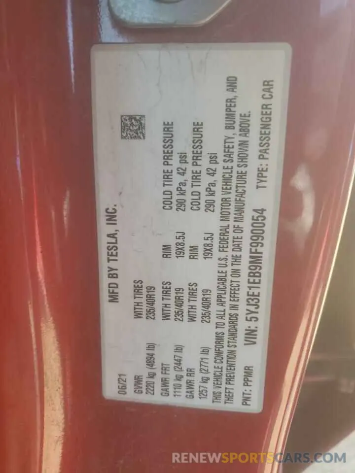 13 fotografías del automóvil dañado 5YJ3E1EB9MF990054 TESLA MODEL 3 2021