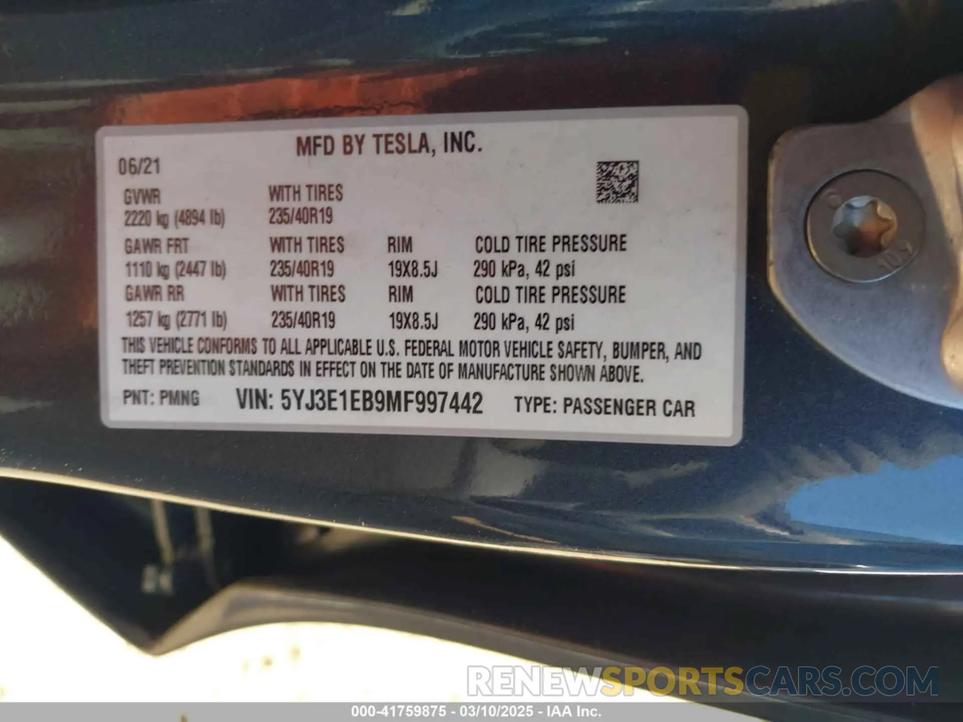 9 fotografías del automóvil dañado 5YJ3E1EB9MF997442 TESLA MODEL 3 2021
