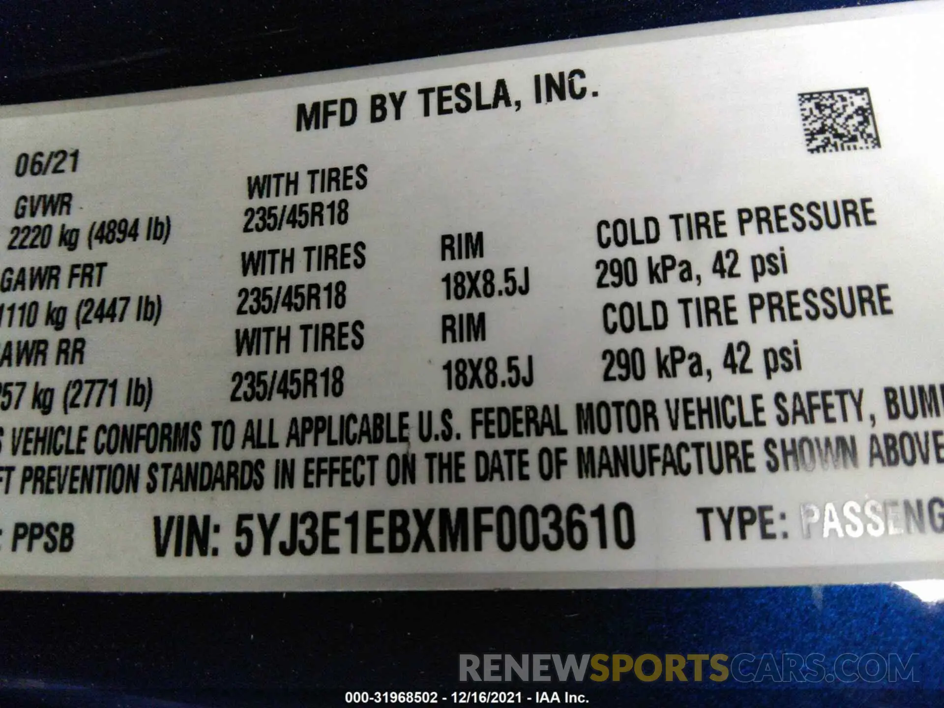 9 fotografías del automóvil dañado 5YJ3E1EBXMF003610 TESLA MODEL 3 2021