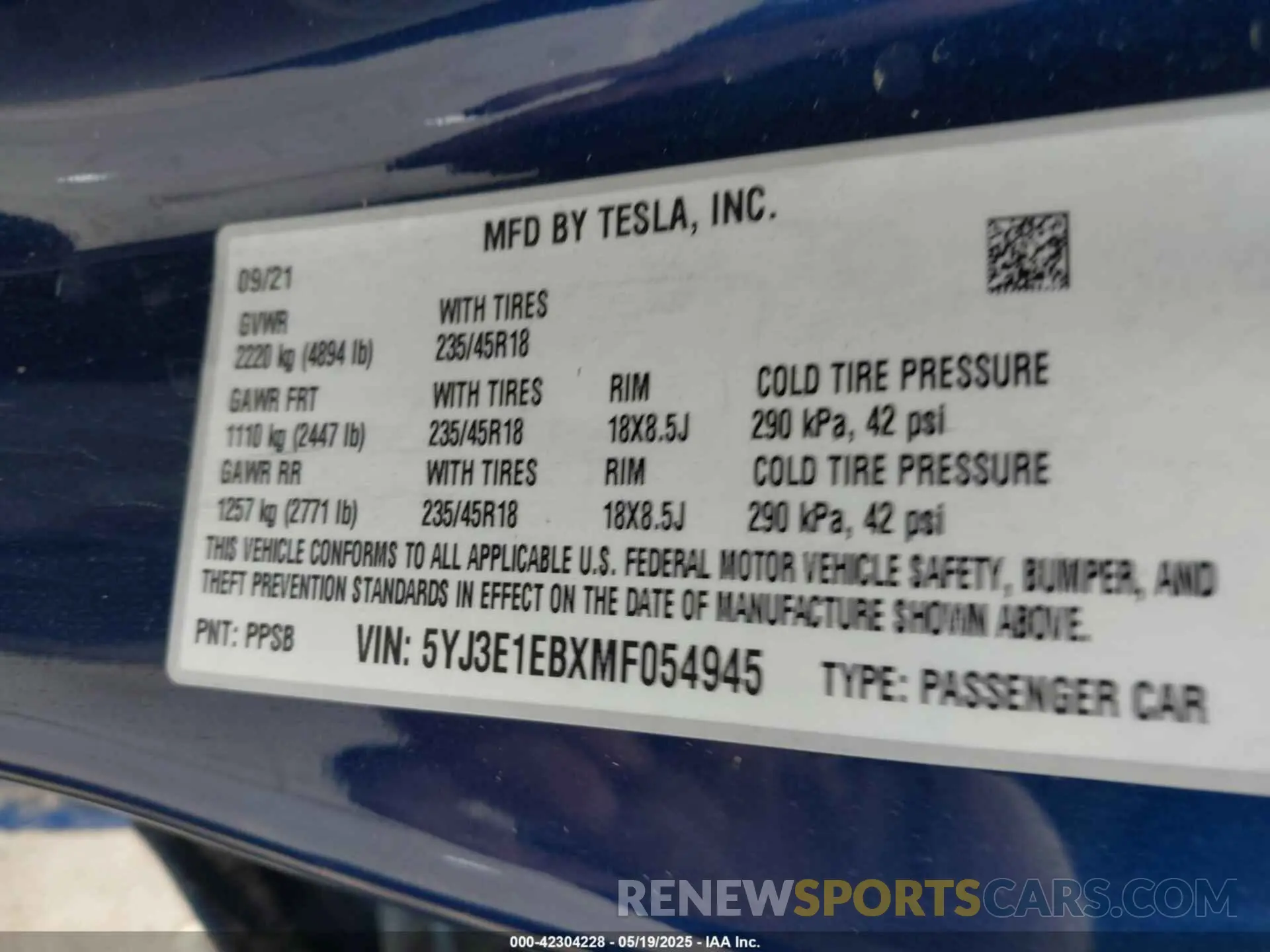 9 fotografías del automóvil dañado 5YJ3E1EBXMF054945 TESLA MODEL 3 2021