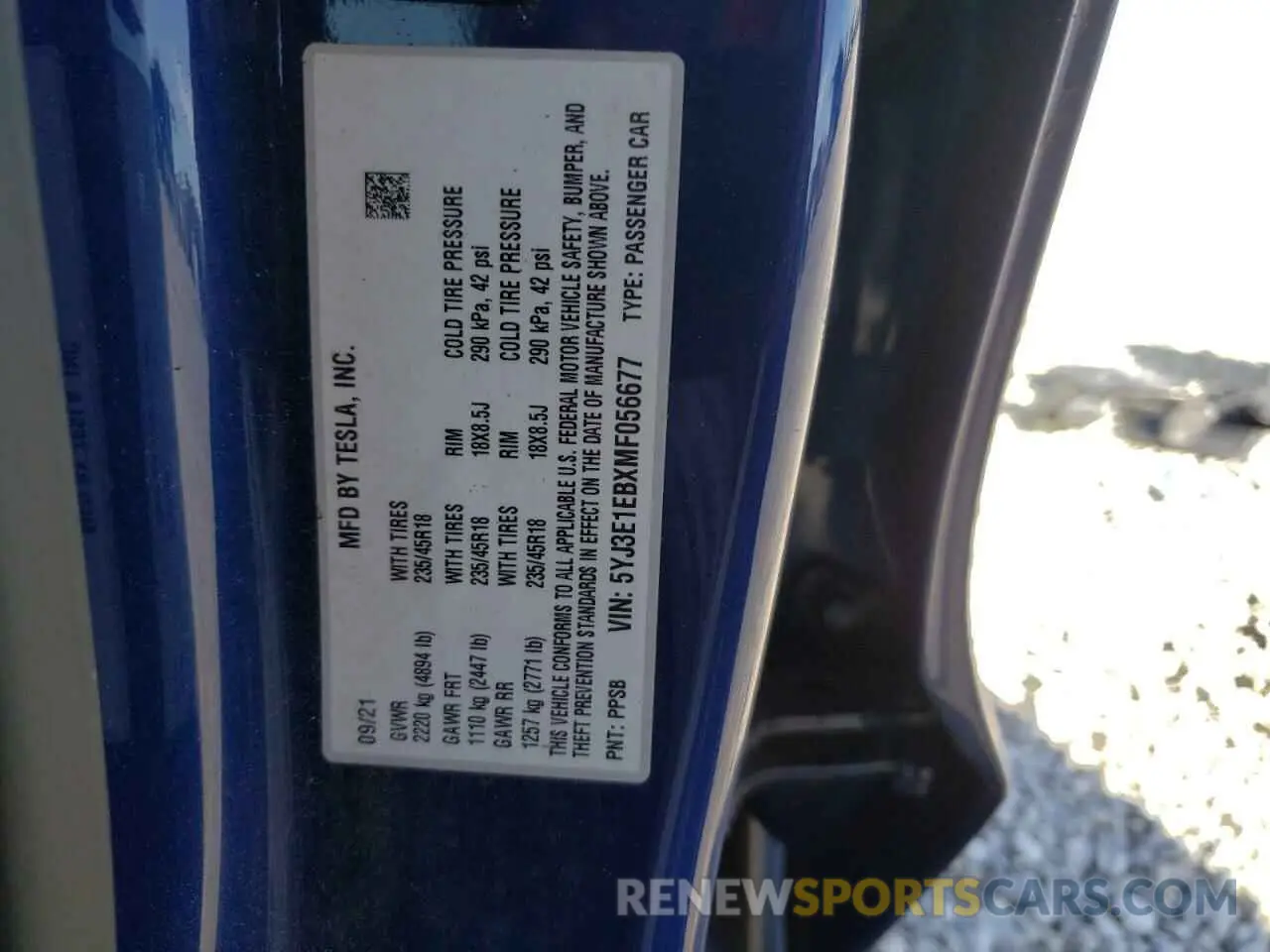 10 fotografías del automóvil dañado 5YJ3E1EBXMF056677 TESLA MODEL 3 2021