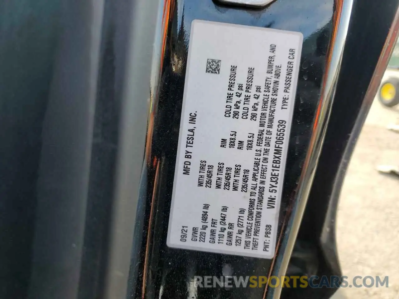 15 fotografías del automóvil dañado 5YJ3E1EBXMF065539 TESLA MODEL 3 2021