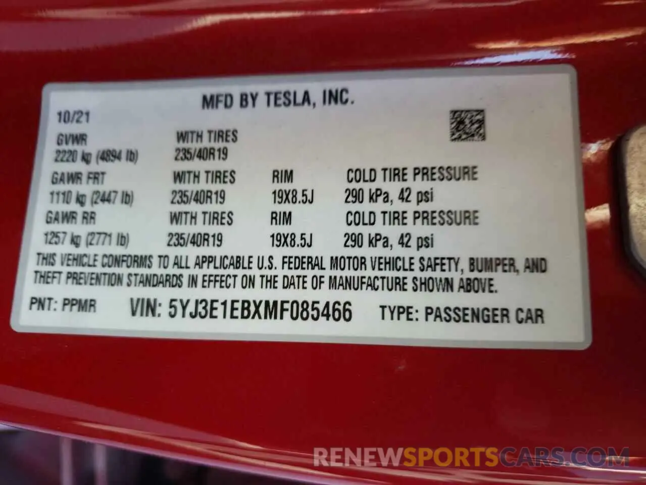 10 fotografías del automóvil dañado 5YJ3E1EBXMF085466 TESLA MODEL 3 2021