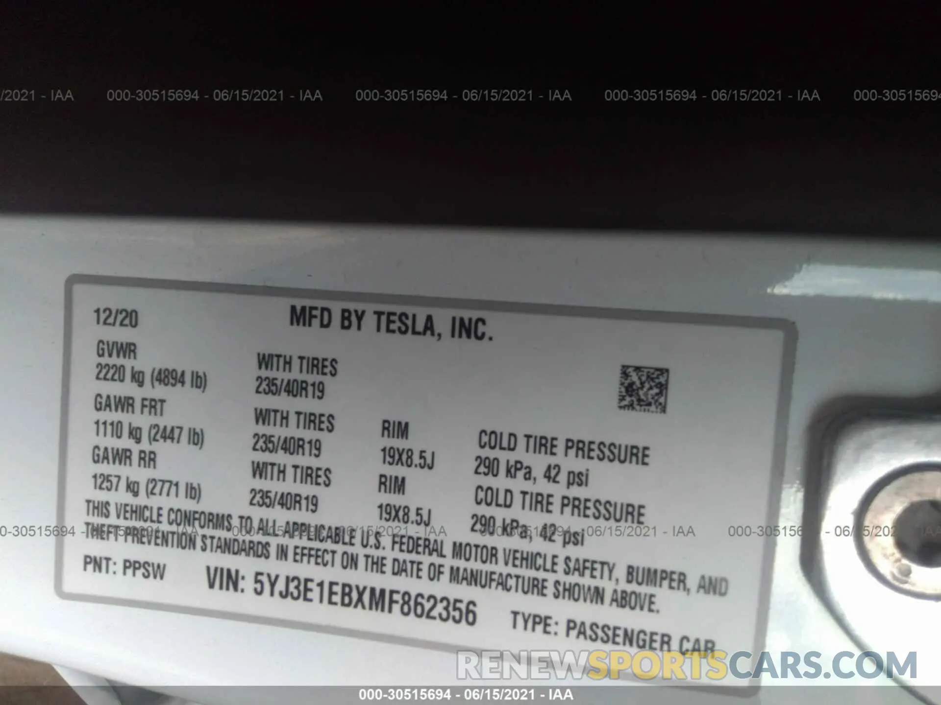 9 fotografías del automóvil dañado 5YJ3E1EBXMF862356 TESLA MODEL 3 2021