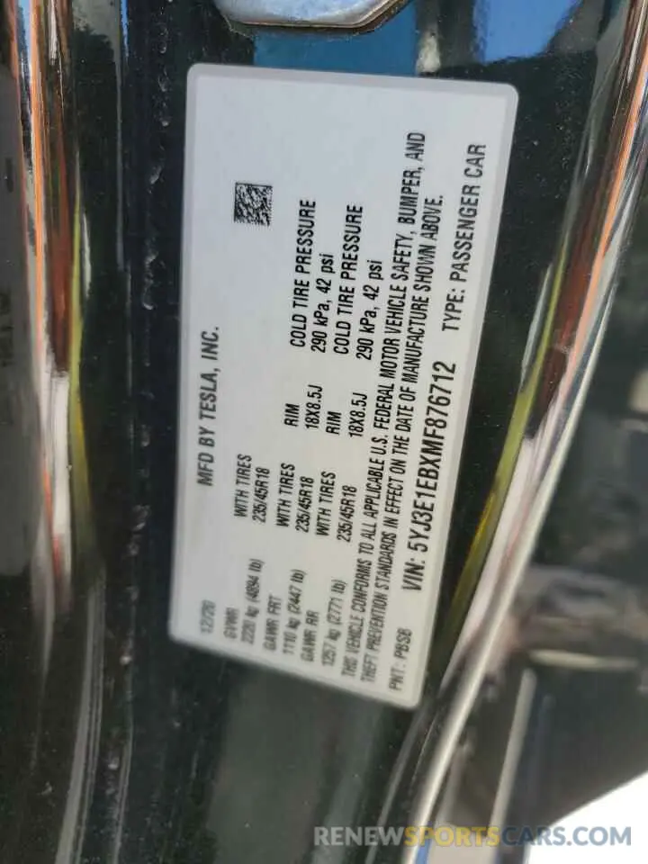 13 fotografías del automóvil dañado 5YJ3E1EBXMF876712 TESLA MODEL 3 2021