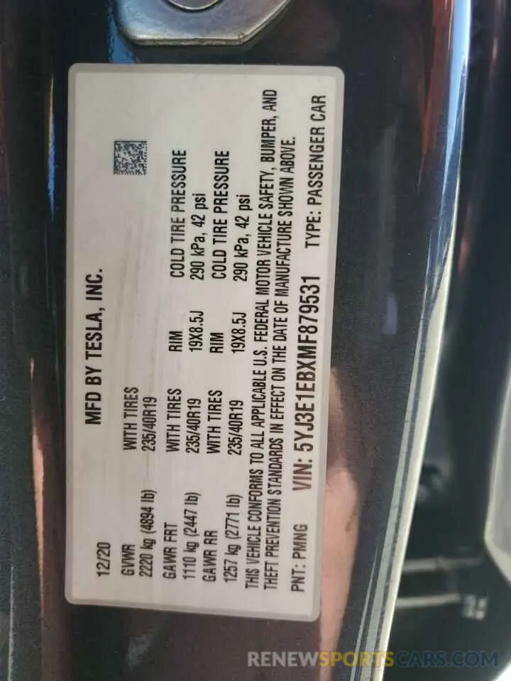 12 fotografías del automóvil dañado 5YJ3E1EBXMF879531 TESLA MODEL 3 2021