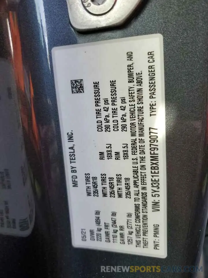 13 fotografías del automóvil dañado 5YJ3E1EBXMF979077 TESLA MODEL 3 2021
