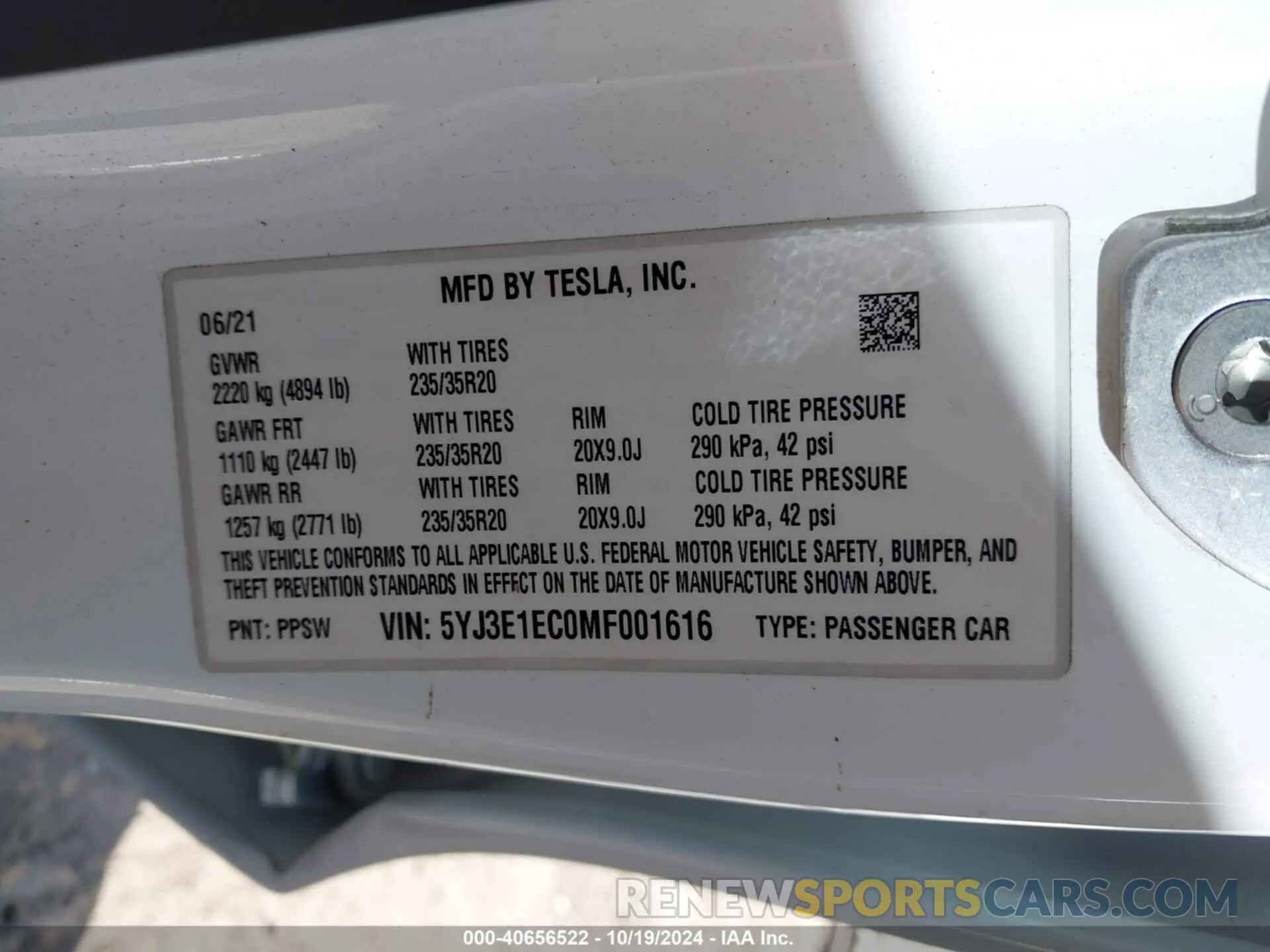 9 fotografías del automóvil dañado 5YJ3E1EC0MF001616 TESLA MODEL 3 2021