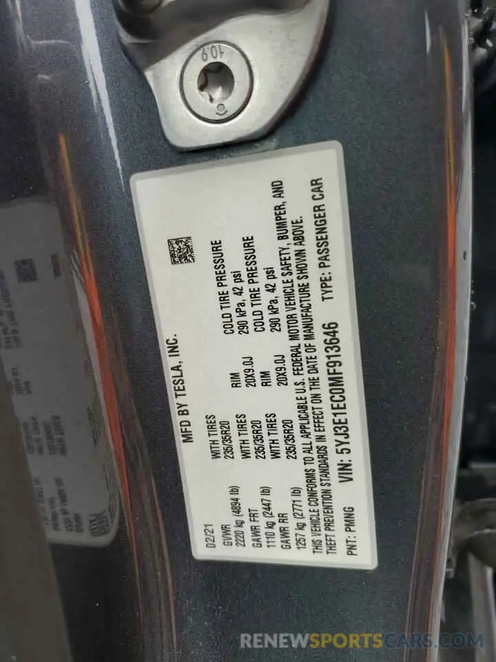 12 fotografías del automóvil dañado 5YJ3E1EC0MF913646 TESLA MODEL 3 2021