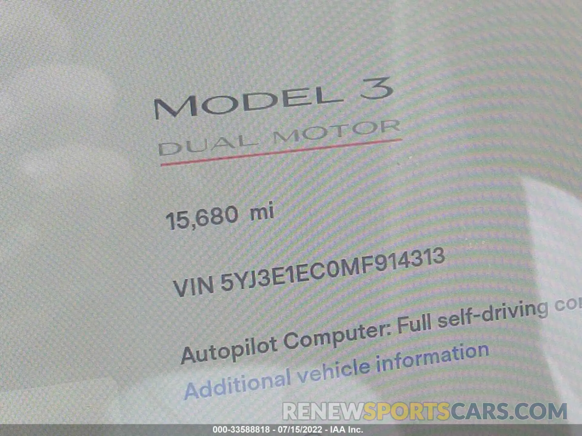 9 fotografías del automóvil dañado 5YJ3E1EC0MF914313 TESLA MODEL 3 2021