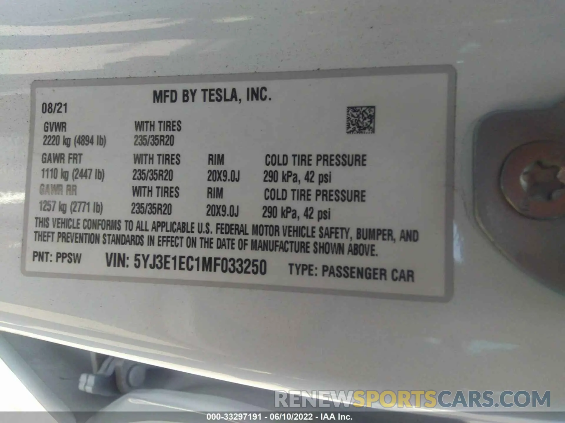 9 fotografías del automóvil dañado 5YJ3E1EC1MF033250 TESLA MODEL 3 2021