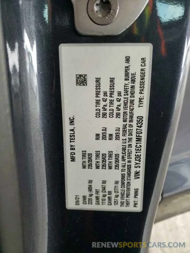 15 fotografías del automóvil dañado 5YJ3E1EC1MF074350 TESLA MODEL 3 2021