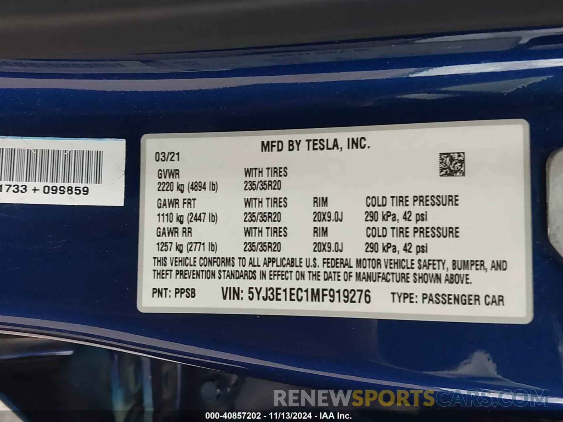 9 fotografías del automóvil dañado 5YJ3E1EC1MF919276 TESLA MODEL 3 2021
