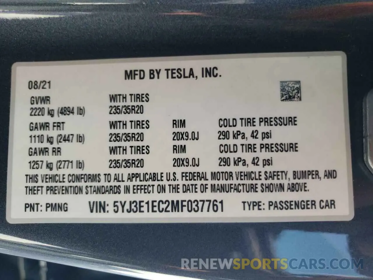10 fotografías del automóvil dañado 5YJ3E1EC2MF037761 TESLA MODEL 3 2021
