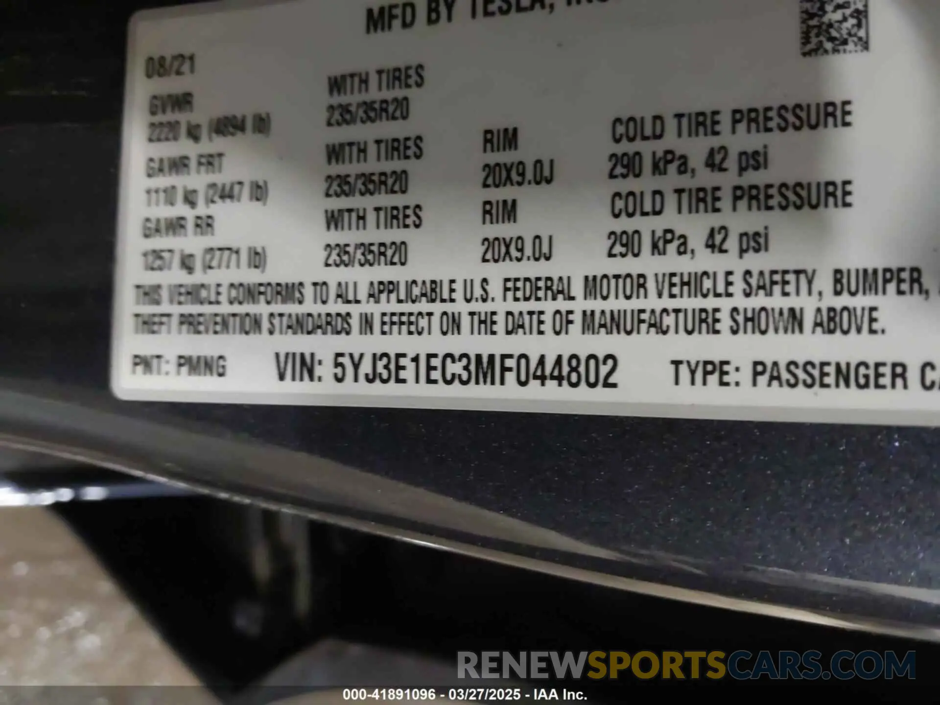 9 fotografías del automóvil dañado 5YJ3E1EC3MF044802 TESLA MODEL 3 2021