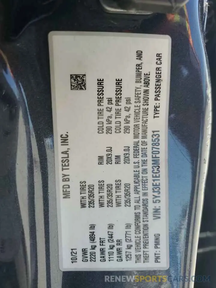 12 fotografías del automóvil dañado 5YJ3E1EC3MF078531 TESLA MODEL 3 2021