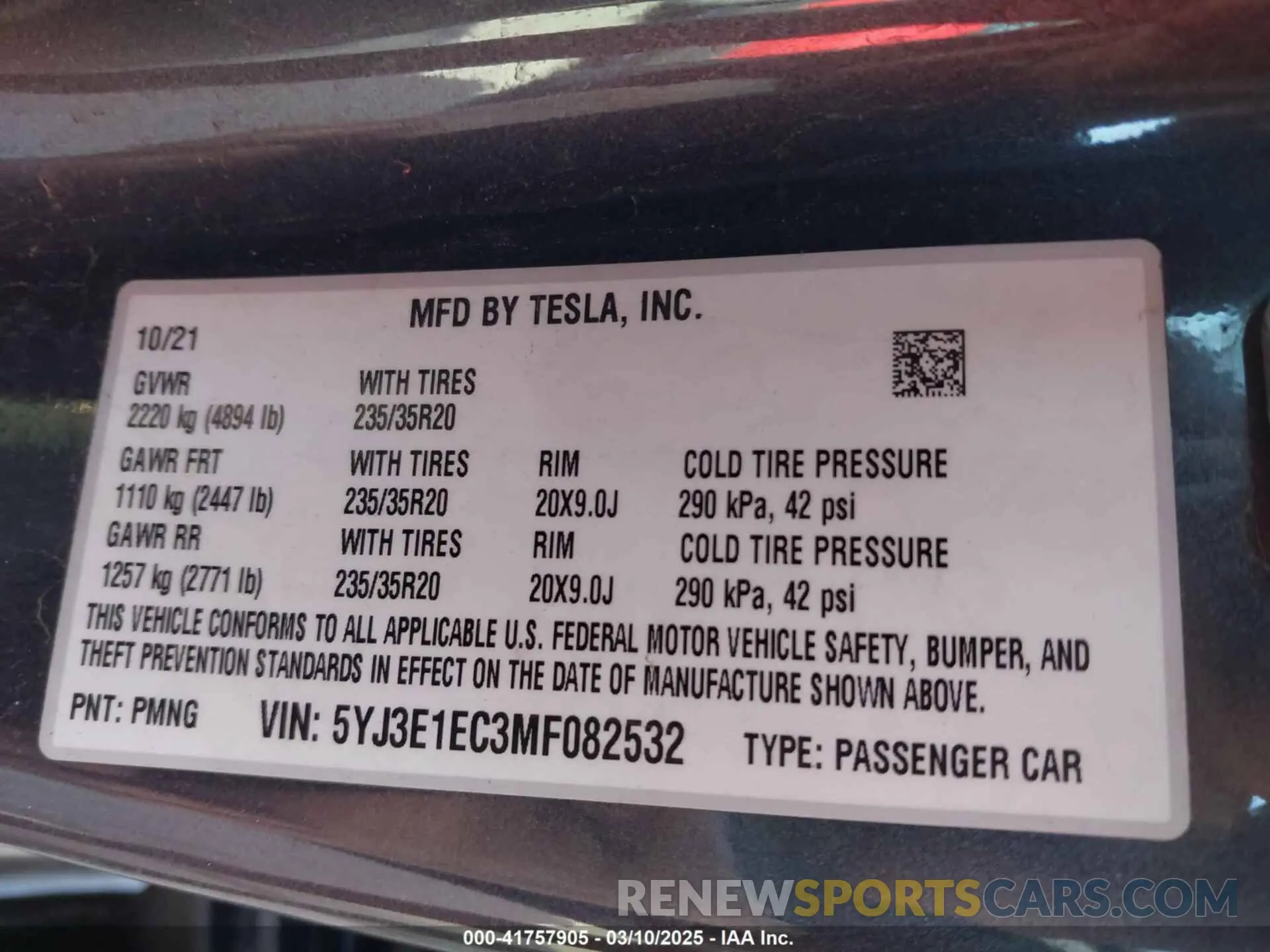 9 fotografías del automóvil dañado 5YJ3E1EC3MF082532 TESLA MODEL 3 2021