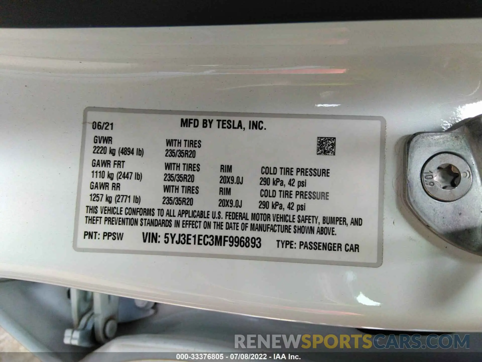 9 fotografías del automóvil dañado 5YJ3E1EC3MF996893 TESLA MODEL 3 2021