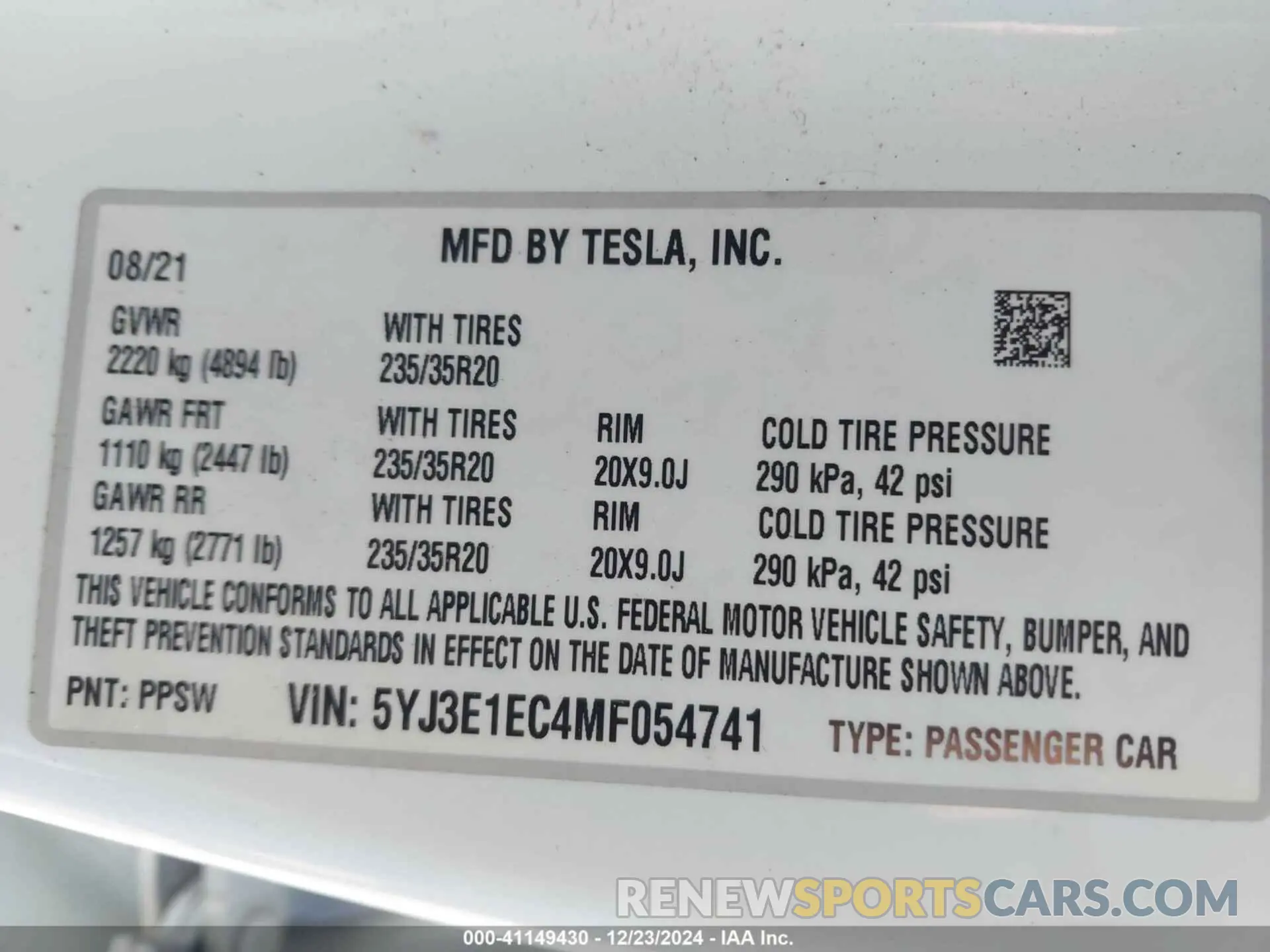 9 fotografías del automóvil dañado 5YJ3E1EC4MF054741 TESLA MODEL 3 2021
