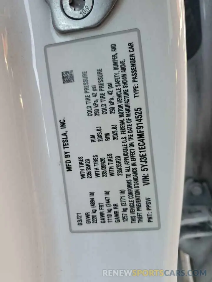 12 fotografías del automóvil dañado 5YJ3E1EC4MF914525 TESLA MODEL 3 2021