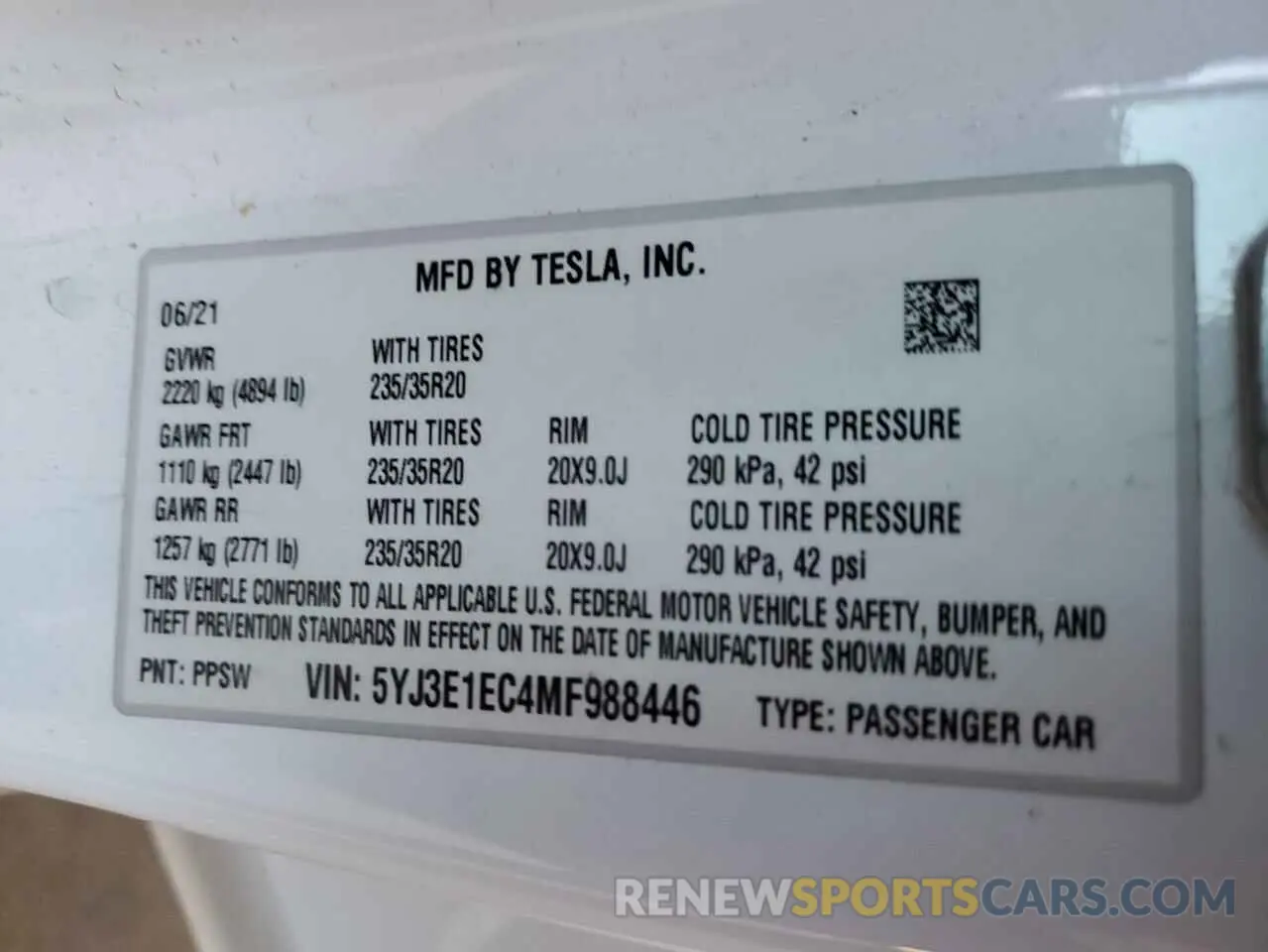 13 fotografías del automóvil dañado 5YJ3E1EC4MF988446 TESLA MODEL 3 2021