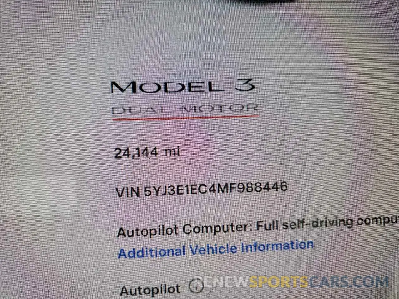 9 fotografías del automóvil dañado 5YJ3E1EC4MF988446 TESLA MODEL 3 2021