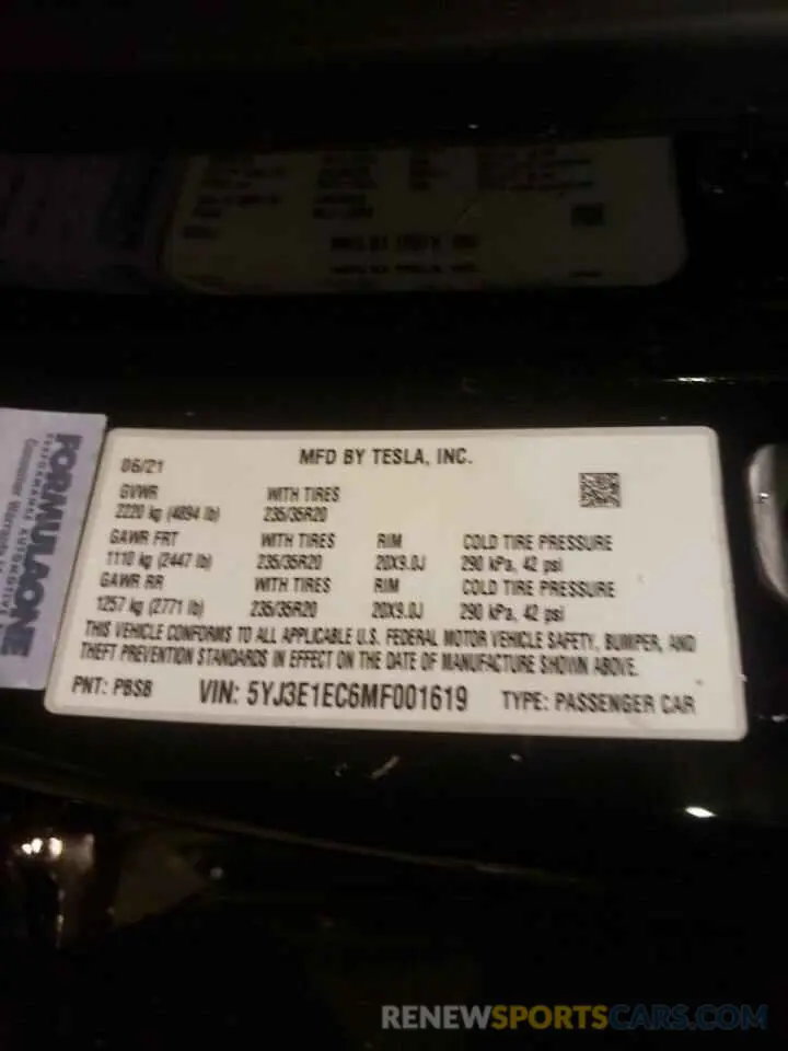 10 fotografías del automóvil dañado 5YJ3E1EC6MF001619 TESLA MODEL 3 2021