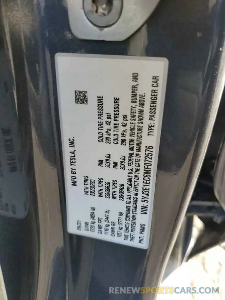 13 fotografías del automóvil dañado 5YJ3E1EC6MF072576 TESLA MODEL 3 2021