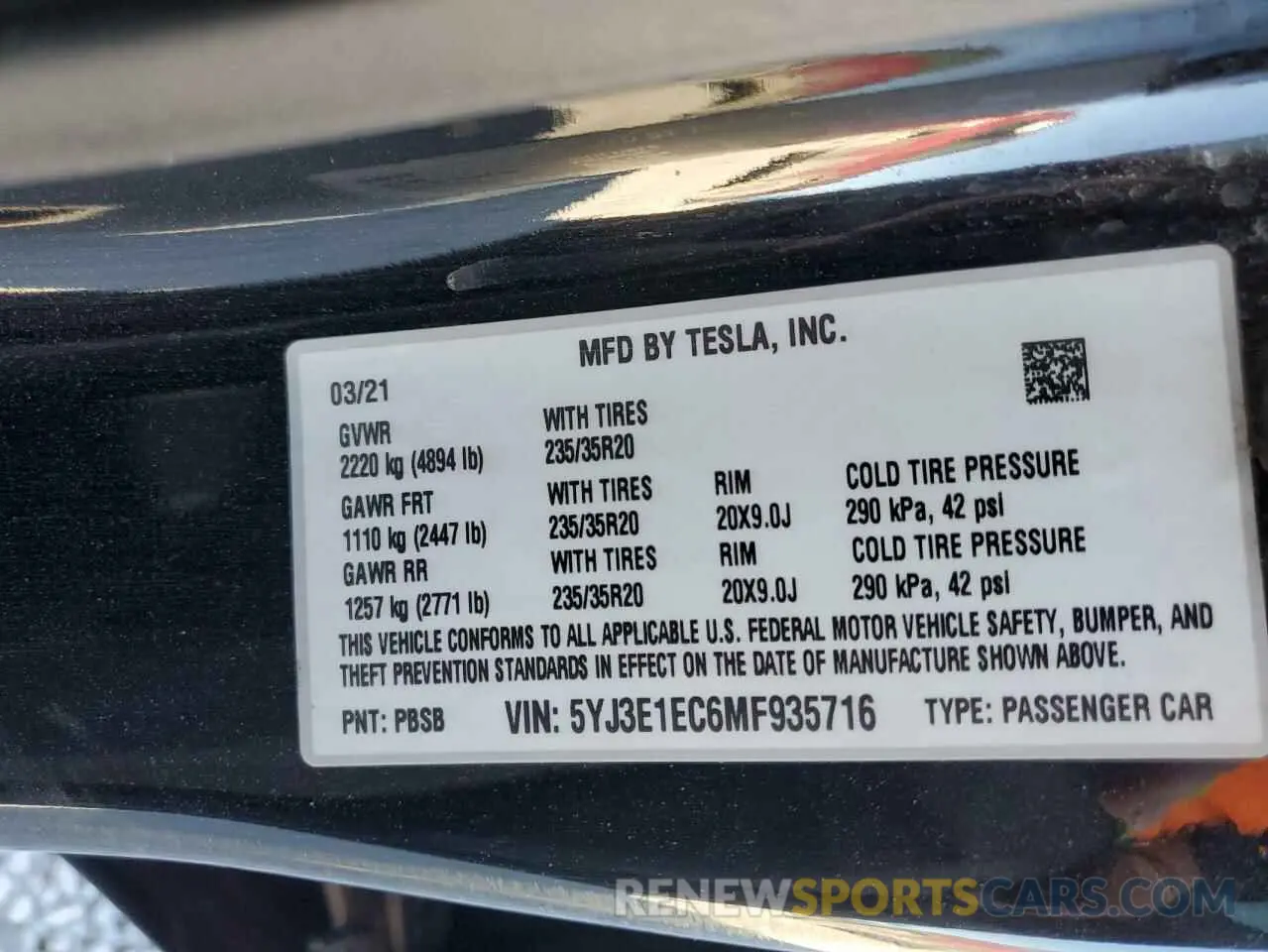 15 fotografías del automóvil dañado 5YJ3E1EC6MF935716 TESLA MODEL 3 2021