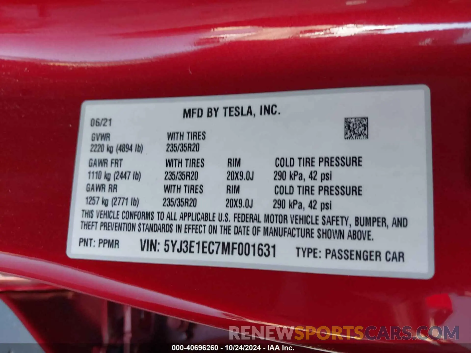 9 fotografías del automóvil dañado 5YJ3E1EC7MF001631 TESLA MODEL 3 2021