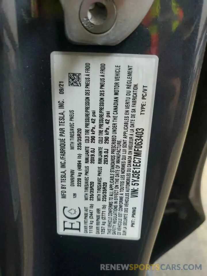 12 fotografías del automóvil dañado 5YJ3E1EC7MF063403 TESLA MODEL 3 2021