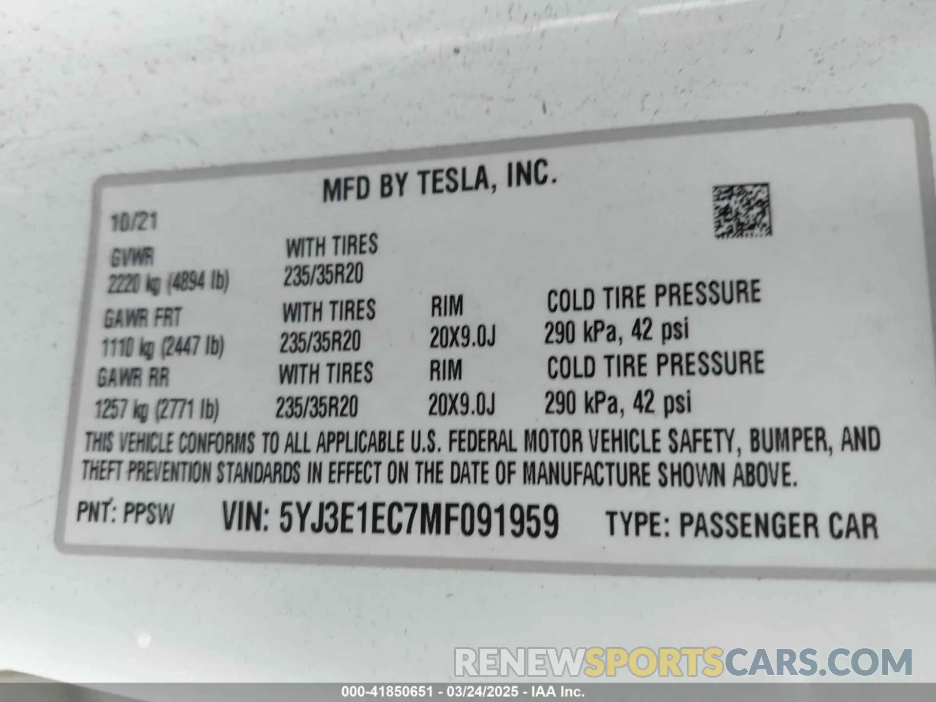 9 fotografías del automóvil dañado 5YJ3E1EC7MF091959 TESLA MODEL 3 2021