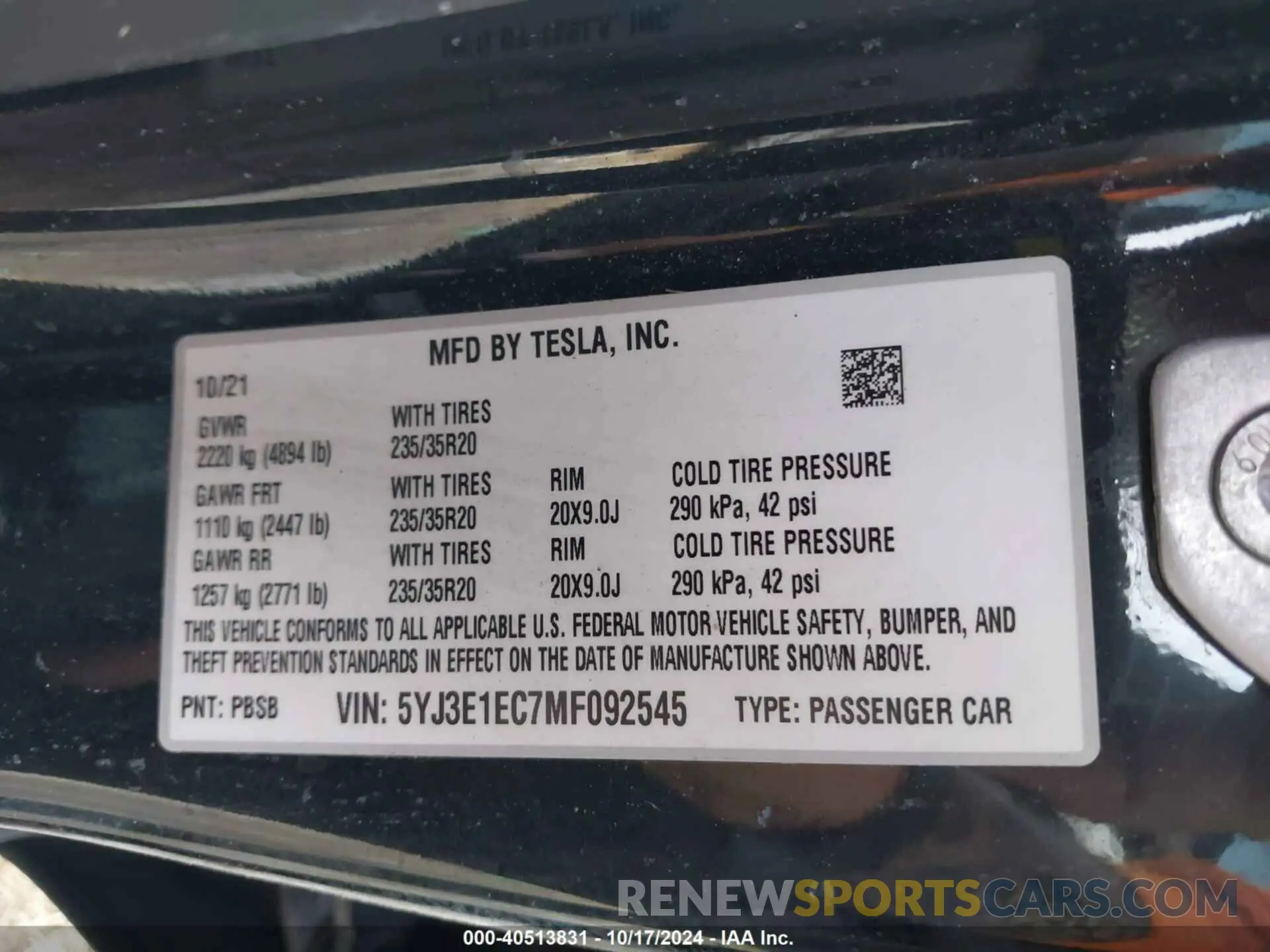 9 fotografías del automóvil dañado 5YJ3E1EC7MF092545 TESLA MODEL 3 2021