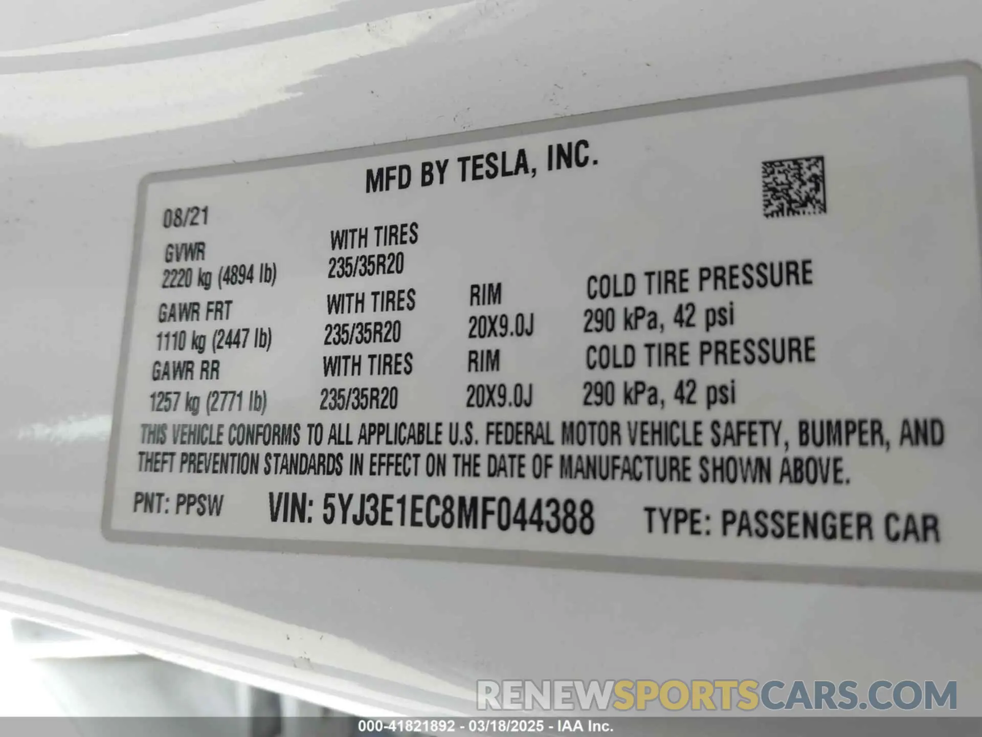9 fotografías del automóvil dañado 5YJ3E1EC8MF044388 TESLA MODEL 3 2021