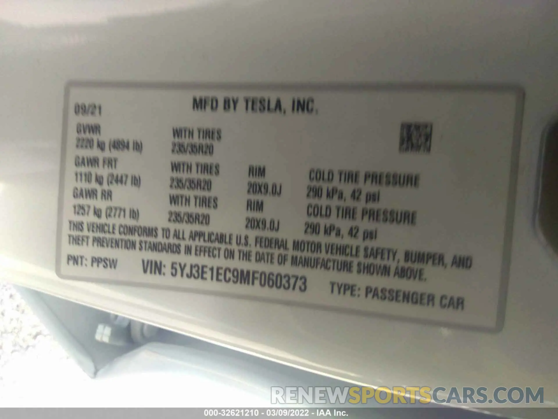 9 fotografías del automóvil dañado 5YJ3E1EC9MF060373 TESLA MODEL 3 2021