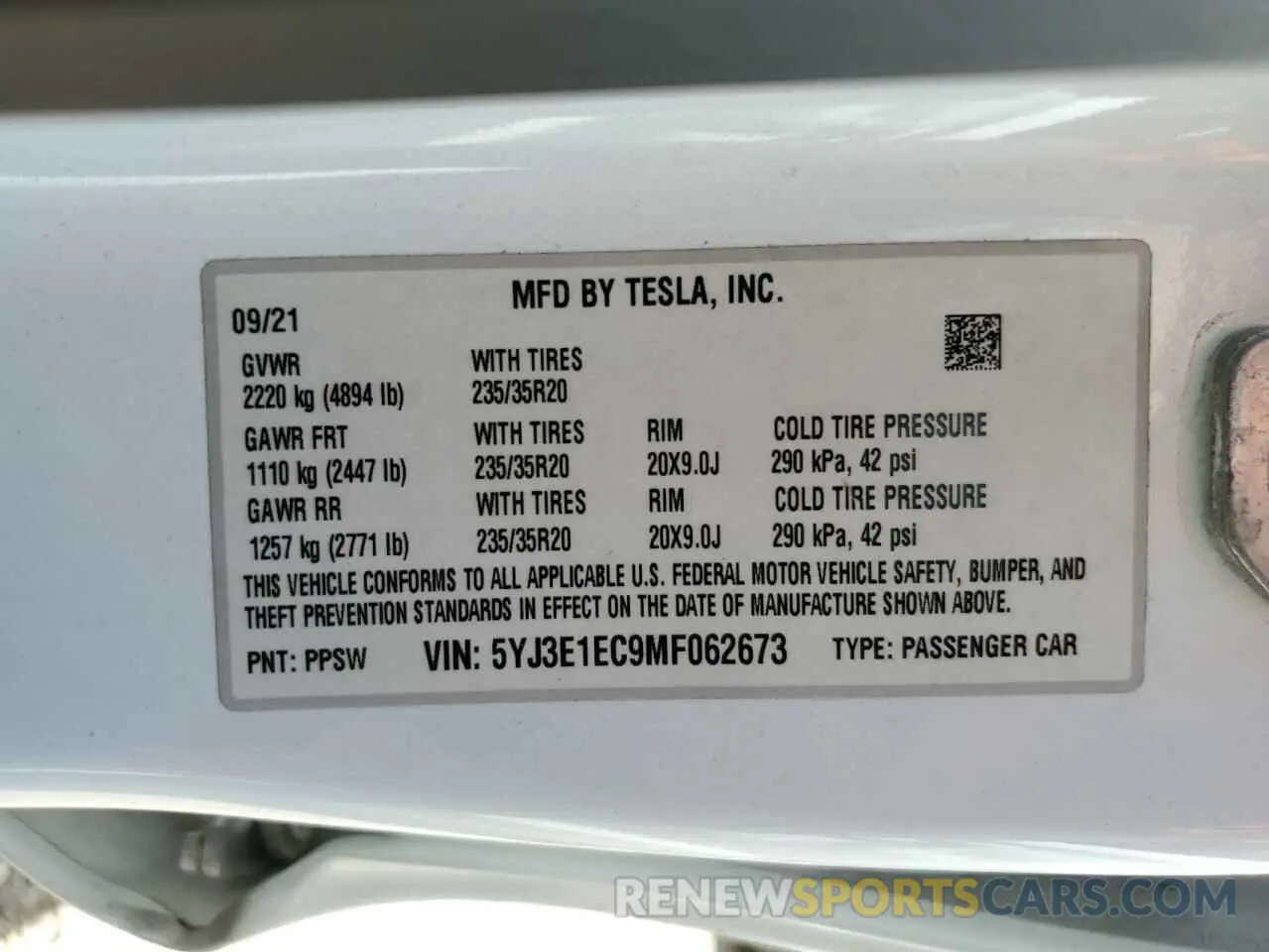 12 fotografías del automóvil dañado 5YJ3E1EC9MF062673 TESLA MODEL 3 2021