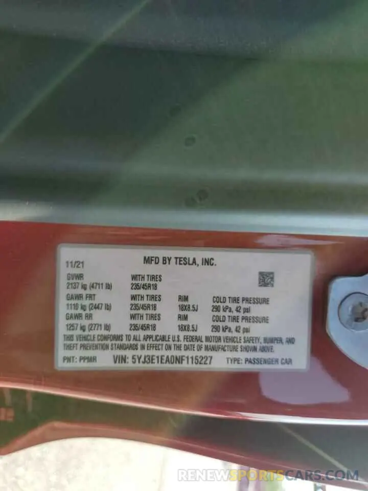 12 fotografías del automóvil dañado 5YJ3E1EA0NF115227 TESLA MODEL 3 2022