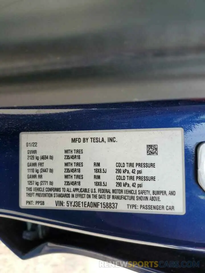 12 fotografías del automóvil dañado 5YJ3E1EA0NF158837 TESLA MODEL 3 2022