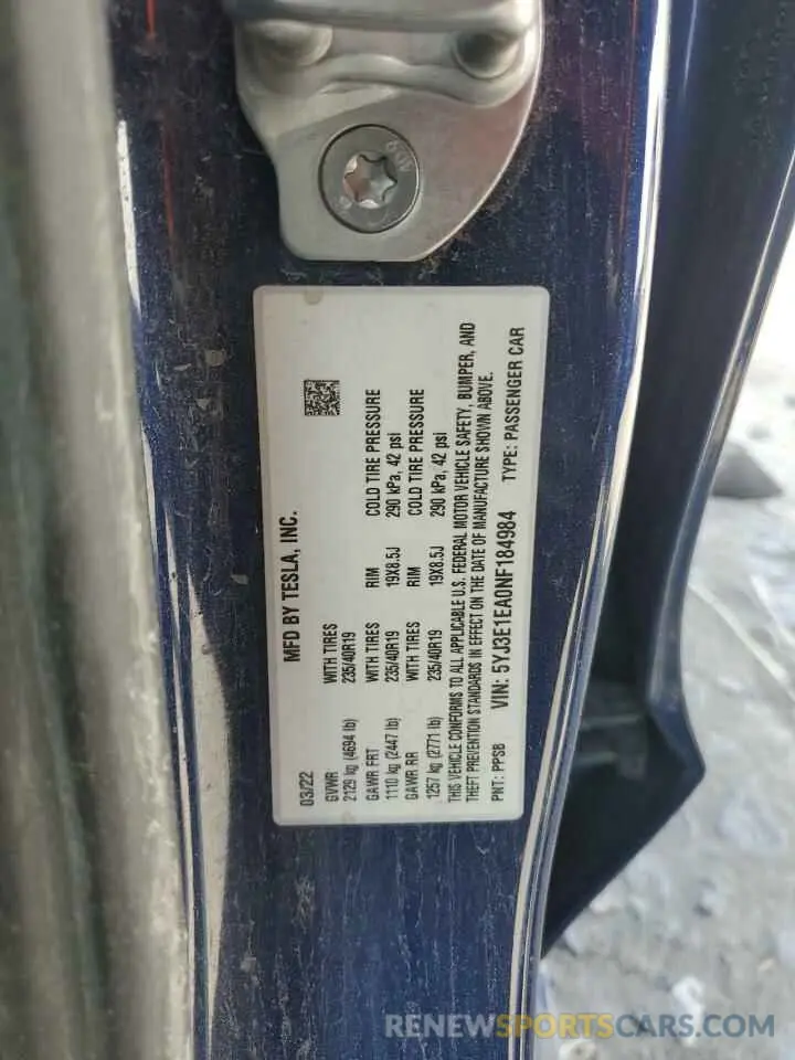 12 fotografías del automóvil dañado 5YJ3E1EA0NF184984 TESLA MODEL 3 2022