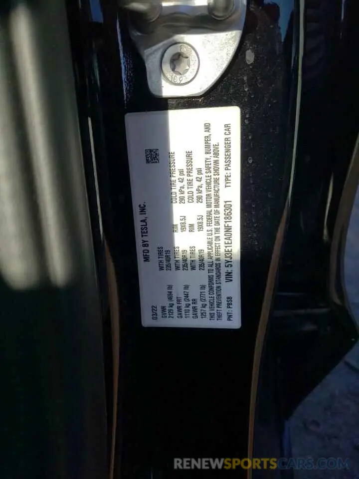 12 fotografías del automóvil dañado 5YJ3E1EA0NF186301 TESLA MODEL 3 2022