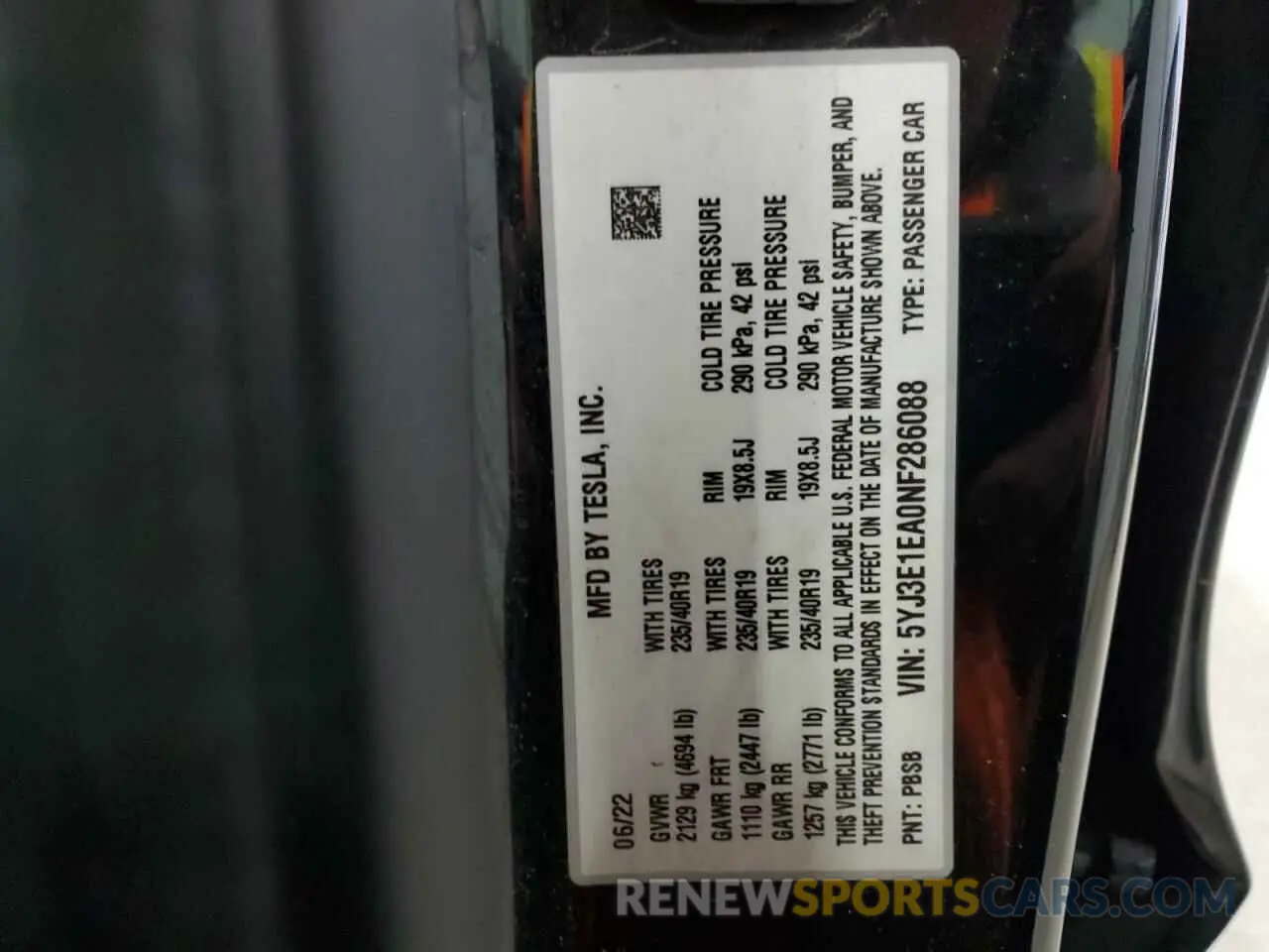 12 fotografías del automóvil dañado 5YJ3E1EA0NF286088 TESLA MODEL 3 2022