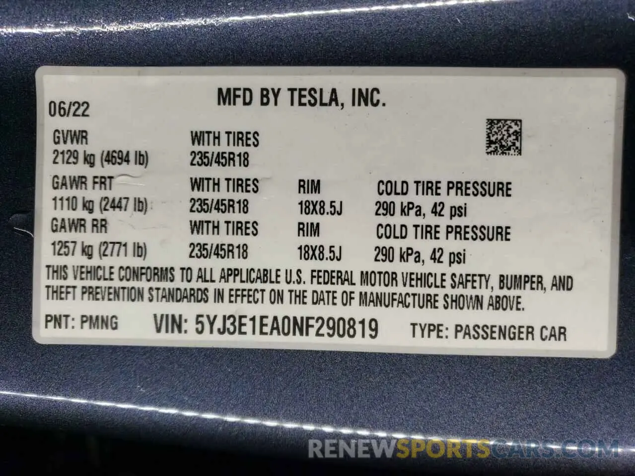 12 fotografías del automóvil dañado 5YJ3E1EA0NF290819 TESLA MODEL 3 2022