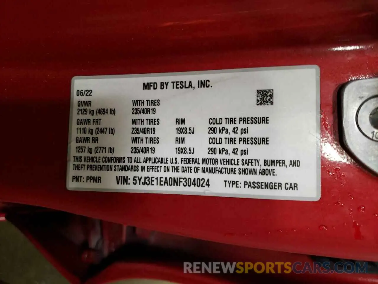 12 fotografías del automóvil dañado 5YJ3E1EA0NF304024 TESLA MODEL 3 2022