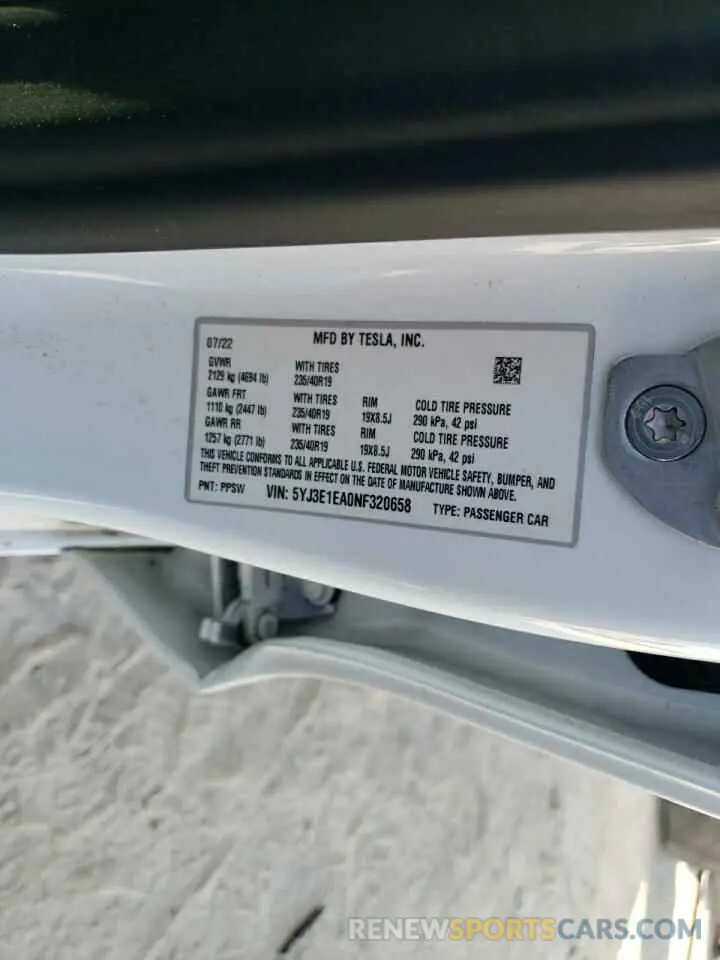 13 fotografías del automóvil dañado 5YJ3E1EA0NF320658 TESLA MODEL 3 2022